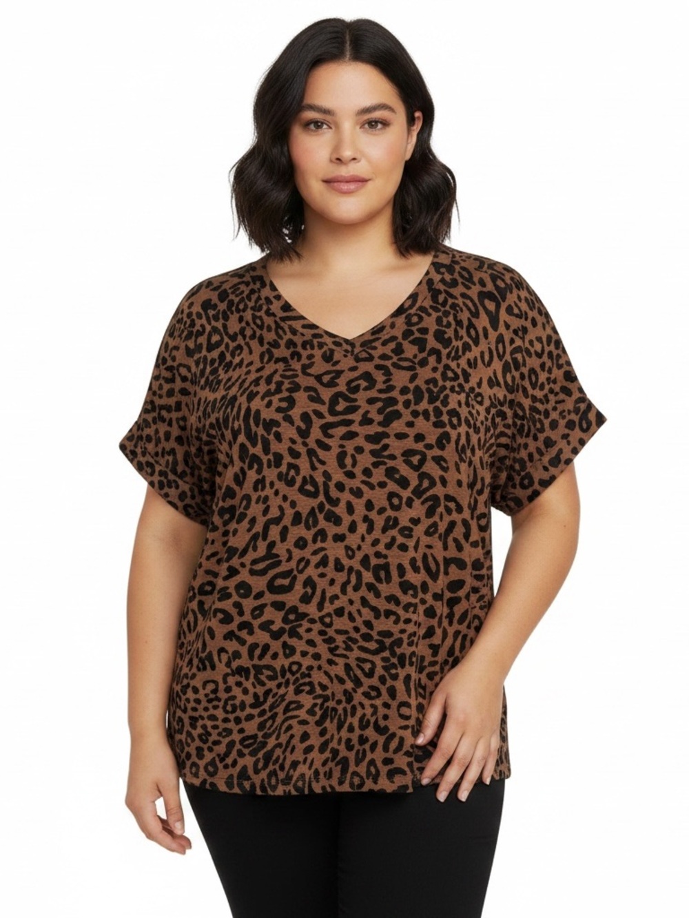 Maurices 24/7 Leopard Print Short Dolman Sleeve, V-neck Rayon Blend Top SZ 2X